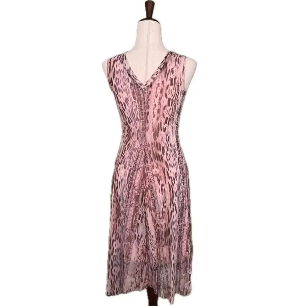 T Tahari Midi Dress Sheer Overlay Animal Print V-Neck Pink Brown XS - Picture 2 of 10